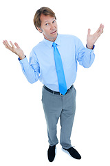 Image showing Businessman, questions or hands up in studio portrait for confused or shrug for frustrated in corporate career. Professional consultant, face or lawyer with legal problem solving on white background