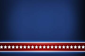 Image showing Star, America and ribbon with stripes on banner for illustration, theme or abstract on blue background. Empty, mockup space and symbol of bravery or Independence Day for USA icon, heritage or glory