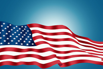 Image showing Star, stripes and American flag with banner for illustration, graphic or theme on blue studio background. Abstract icon of country heritage for bravery, Independence Day or USA government on mockup