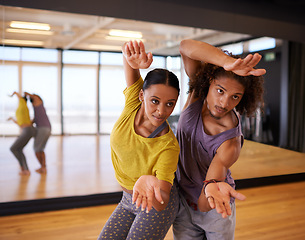 Image showing People, ballet and dance practice in studio, performance and training together for rehearsal. Partners, competitive and movement for recital, team and artists for collaboration in creative routine