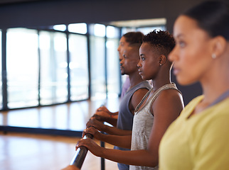 Image showing Fitness, studio and profile of people in dance school for training, rehearsal or learning technique with partners. Instructor, trainer or students for dancing, balance or together for performance