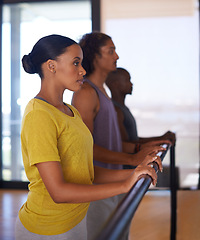 Image showing Ready, studio and profile of people in dance school for training, rehearsal or learning technique with partners. Instructor, trainer or students for dancing, barre or together for performance