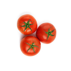 Image showing Tomatoes, closeup and studio for health, wellness or organic diet on countertop. Fruit, nutrition or produce for eating, gourmet and meal or cuisine with vitamins with high angle on white background