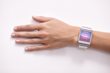 Image showing Health, hand or screen on smart watch technology to monitor body in studio on white background, Person, arm closeup or menu display on gadget for futuristic wellness app or heart rate notification