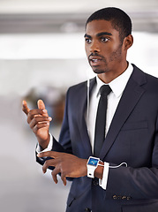 Image showing Phone call, earphones or businessman with smart watch for technology, time or device for schedule. Talking, thinking or black man networking on gadget for travel with app, podcast or notification