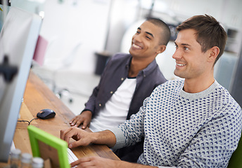 Image showing Business men, computer and partnership for collaboration in office, smile and teamwork. Colleagues, creative agency and internet for planning, consultants and website for online research on ideas