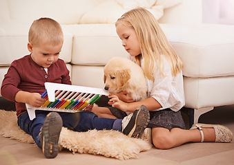 Image showing Children, puppy and kid toy in a home with animal, pet and youth development in a living room. Golden retriever, abacus and fun with dog together by couch in a house with bonding and sibling on floor