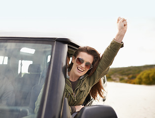 Image showing Woman, excited or window in success on road trip or getaway for travel and leisure in Mexico. Car, female person or traveler for fist on driving holiday in motor transport as journey of exploration