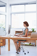 Image showing Business woman, computer and planning at office desk for online research, copywriting and social media. Professional employee, worker or writer on desktop for website, newsletter or reading report