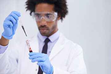 Image showing Science, test and man with blood in glass pipette, mockup and medical research in dna results with technician. Pathology, laboratory and scientist with sample for analysis, investigation or diagnosis