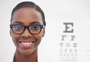Image showing Vision, test and portrait of woman in consultation for optometry, eye exam and doctor in healthcare. Glasses, expert and medical chart with letters in clinic and African optometrist with spectacles