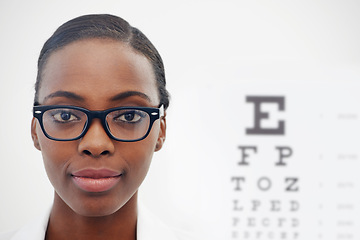 Image showing Vision, test and portrait of woman with optometry, eye exam and doctor in healthcare with letters on chart. Glasses, expert and medical consultation in clinic with African optometrist for spectacles