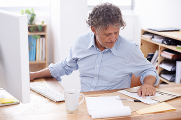 Image showing Man, documents and notes in office for resume, paperwork or report in morning for review and read with computer. Businessman with stationery and folder or file for info or results for scan with tech