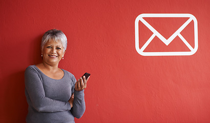 Image showing Portrait or woman, smartphone and message in mockup, notification and text on mobile for networking. Elderly person, smile and happy with cellphone for communication, connectivity and phone with tech