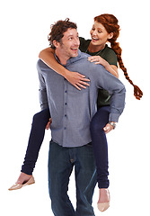 Image showing Piggy back, love and smile with couple, excited and relationship isolated on white studio background. Cheerful, man carrying woman or romance with marriage or bonding together with date and happiness