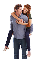 Image showing Piggy back, love and smile with couple, happiness and relationship isolated on a white studio background. People, man carrying woman and romance with marriage and bonding together with date and joy