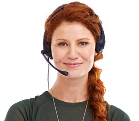 Image showing Woman, headset and receptionist for networking in studio, customer service and crm by white background. Female person, consultant and helpdesk advisor or representative, hotline and technical support