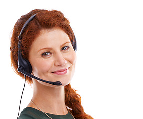 Image showing Woman, headset and portrait of agent in studio, customer service and crm by white background. Female person, consultant and helpdesk advisor or representative, mockup space and technical support