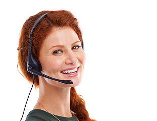 Image showing Woman, headset and portrait for consultant in studio, customer service and crm by white background. Female person, mockup space and helpdesk advisor or representative, hotline and technical support