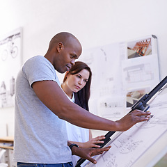 Image showing Architecture, man and woman with blueprint on drawing board in office for building design and remodeling project. Business people, collaboration or happy architect with development planning or layout