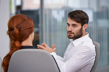 Image showing Man, woman and meeting with partner in boardroom for decision, discussion and ideas in collaboration. Business people, mentor and coach with advice for career, growth and development in workplace