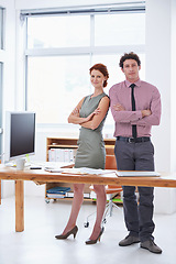 Image showing Business people, portrait and teamwork or confidence at office desk for human resources, career and job. Professional worker, employees or happy man and woman with arms crossed for collaboration