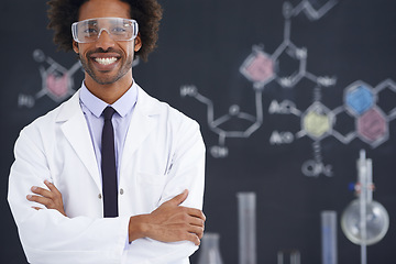 Image showing Scientist, portrait and arms crossed with goggles in laboratory for chemical research, medical study and happy. Science, african professional and face with confidence for pharmaceutical experiment