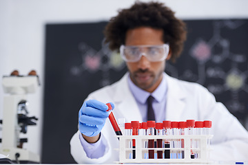 Image showing Man, pathology and test tube for blood in laboratory, science and biochemistry for experiment. Black person, biology and DNA research for healthcare, RNA and process for medical innovation study