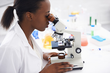 Image showing Research, microscope or woman scientist in office for medical, experiment or inspection. Science, healthcare or African health expert with virus study, testing or dna analysis for lab investigation