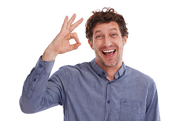 Image showing Business man, portrait and okay sign for approval in studio, agreement and well done on white background. Male person, excited and emoji for positive feedback, motivation and praise on mockup space