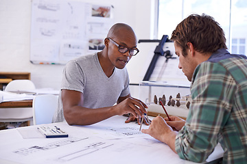 Image showing Architecture, men and teamwork with drawing on blueprint in office for building design, remodeling project and floor plan. Business people, collaboration or architect with construction development