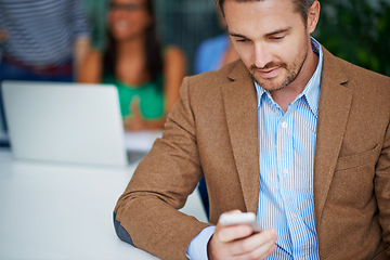 Image showing Office, business and man checking phone for networking, email or scroll on social media. Communication, tech startup and businessman on smartphone for consulting, connection or online chat in meeting