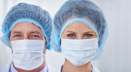 Image showing Face mask, doctor and portrait with surgery and safety gear for healthcare and wellness job. Hospital, ppe and people in clinic with working and health protocol in facility with care and staff