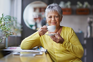 Image showing Portrait, tea and mature woman in coffee shop to relax for break, retirement or weekend free time. Cafe, customer and happy person drinking fresh, warm beverage in restaurant for morning satisfaction