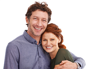 Image showing Couple, portrait and hug for love in studio, romance and smile for relationship on white background. Happy people, commitment and trust in security of marriage, bonding and embrace for anniversary