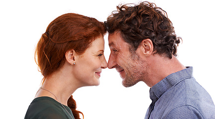 Image showing Couple, nose touch and love in studio, romance and smile for relationship on white background. Happy people, commitment and trust in security of marriage, bonding and affection for anniversary