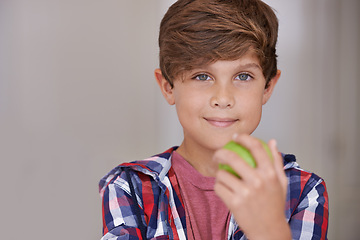 Image showing Portrait, apple and boy child in home, eating green fruit as diet, health or nutrition for development. Face, food and natural with confident young teen kid holding organic produce in apartment