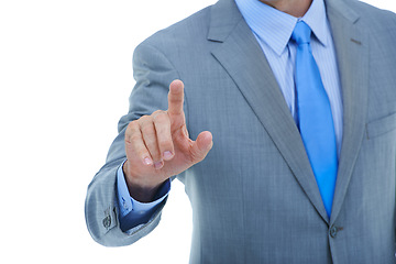 Image showing Businessman, hands and pointing with touch for UI, UX or interaction on a white studio background. Closeup of man or male person with finger on invisible interface or selection with mockup space