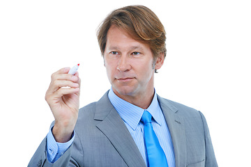 Image showing Businessman, writing and planning with marker for brainstorming or schedule on a white studio background. Handsome man or young employee taking notes for project, task or reminder with mockup space