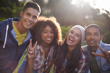 Image showing Portrait, smile and diversity friends in nature, outdoors or garden with happy expression. Social, joy and peace sign hand gesture from group of student, summer and sunset with lens flare outside