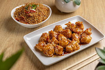 Image showing Plate of savory sesame chicken