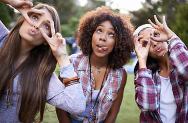 Image showing Funny, face and friends in a park with silly, fun or bonding on vacation, weekend or reunion in nature. Crazy, expression and gen z women in a forest with goofy, comic or personality, joke or gesture