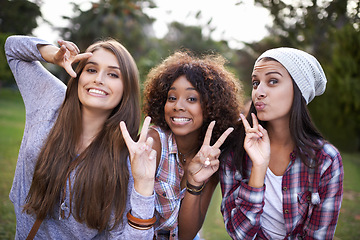 Image showing Happy, portrait and friends in a park with peace sign, fun or bonding on vacation, weekend or reunion in nature. Smile, face and gen z women in a forest with v hands for freedom, travel or love