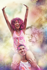 Image showing Color, festival and excited couple with smile for fun, Holi and outdoor gathering for spring, nature and social. Powder, paint splash and celebration in park with man, woman and trees at happy event