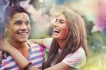 Image showing Happy, powder paint and couple of friends laugh outdoor with Holi festival and colorful event with smile. Celebration, hug and excited in nature with hipster people and crazy fun dust for party