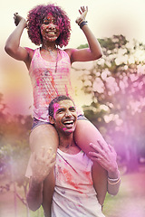 Image showing Color, festival and couple with smile for fun, Holi and outdoor social gathering for spring, nature and energy. Powder, paint splash and celebration in park with man, woman and trees at happy event