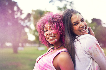 Image showing Splash, paint and portrait of women at color powder festival for fun, experience or bonding. Travel, freedom or face of lady friends in India for Holi, celebration or colorful street party tradition