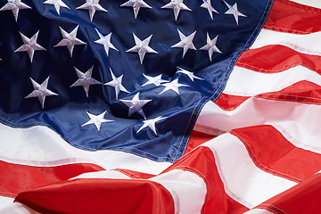 Image showing US flag, stars and stripes for nation with wallpaper, graphic or background with fabric texture. Red, blue and white, pride and American history for Independence day celebration, event and patriotism