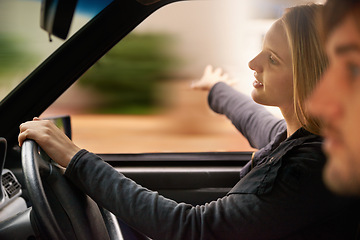 Image showing Road trip, travel and couple in car for adventure, journey and commute for vacation, freedom and holiday. Transport, driving and man and woman in vehicle for bonding, relationship and relax together