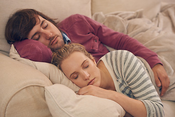 Image showing Sleeping, peace and couple relax on a sofa with care, support and safety, security and bonding in their home. Love, calm and tired people embrace in living room in comfort, nap or resting in a house